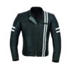 Front View Image of Armoured Black Leather Jacket With White Stripes by Leather Seven