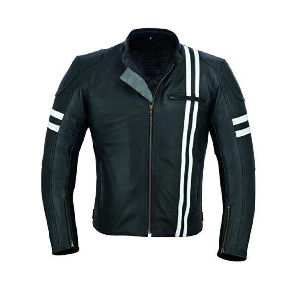Armoured Black Leather Jacket With White Stripes