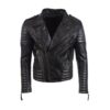 Black Handcrafted Leather Jacket with front zipper and classic motorcycle-style design.
