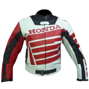 Front view image of Honda Red & White Leather Jacket from Leather Seven