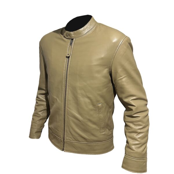 Handcrafted Beige Leather Bomber Jacket - Image 4
