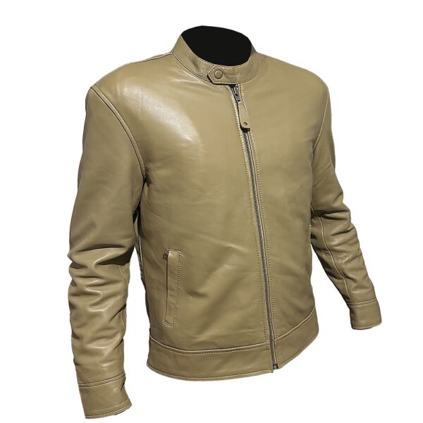 Handcrafted Beige Leather Bomber Jacket - Image 3