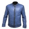 Image of Blue Waxed Leather Bomber Jacket featuring vibrant blue waxed finish with classic bomber silhouette and premium construction
