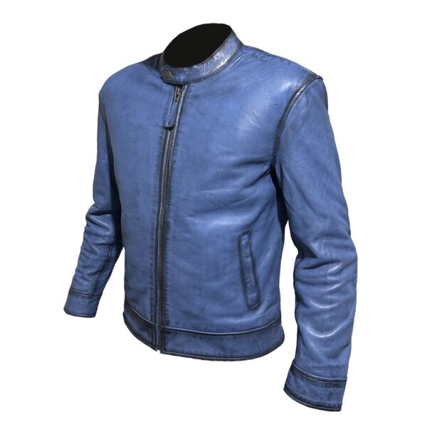 Handcrafted Blue Waxed Leather Bomber Jacket - Image 4
