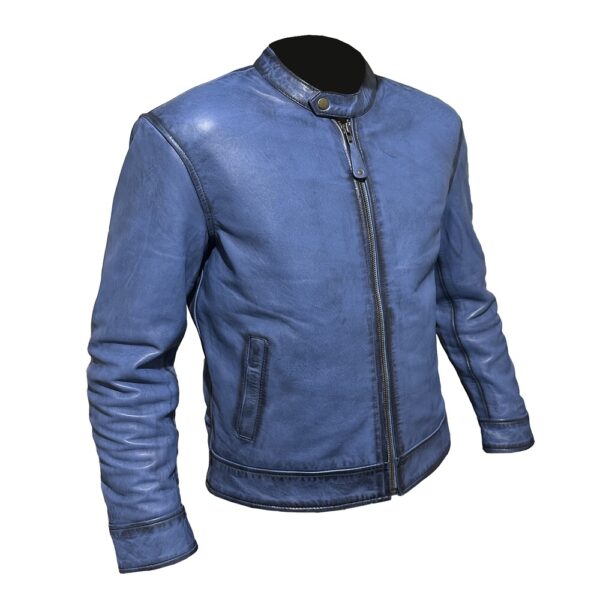 Handcrafted Blue Waxed Leather Bomber Jacket - Image 3