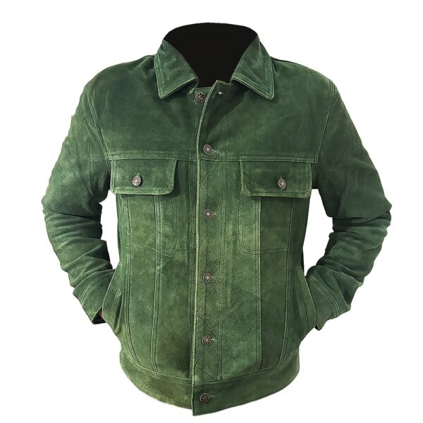Green Trucker Suede Leather Jacket - Image 9