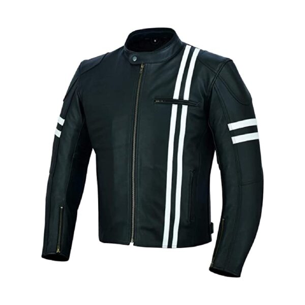Armoured Black Leather Jacket With White Stripes - Image 3
