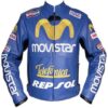 Honda Movistar motorbike leather jacket in blue and white racing colors with protective armor - championship-inspired gear by Leather Seven