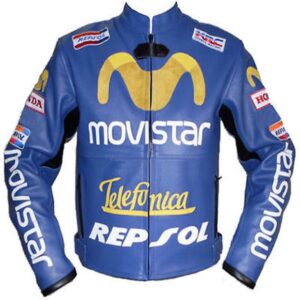 Honda Movistar motorbike leather jacket in blue and white racing colors with protective armor - championship-inspired gear by Leather Seven