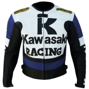Kawasaki racing leather jacket with aerodynamic design and professional-grade armor - competition-ready motorcycle jacket by Leather Seven