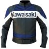 Kawasaki blue leather jacket with racing colors and protective armor - premium motorcycle jacket by Leather Seven