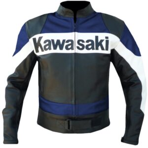 Kawasaki blue leather jacket with racing colors and protective armor - premium motorcycle jacket by Leather Seven