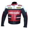Kawasaki red biker leather jacket with bold design and protective armor - striking motorcycle jacket by Leather Seven