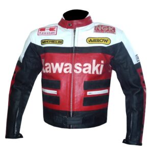 Kawasaki red biker leather jacket with bold design and protective armor - striking motorcycle jacket by Leather Seven