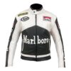 Leather Marlboro jacket in red and white chevron racing design with classic motorsport graphics - vintage-inspired jacket by Leather Seven
