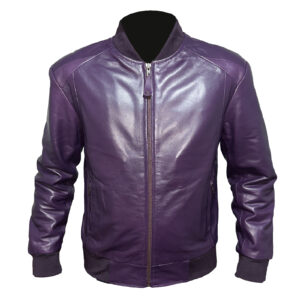 Image of Purple Leather Bomber Jacket featuring vibrant purple leather with classic bomber silhouette and premium construction details