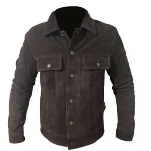 Image of Brown Leather Trucker Jacket featuring rich brown leather with iconic trucker silhouette and button-front detailing